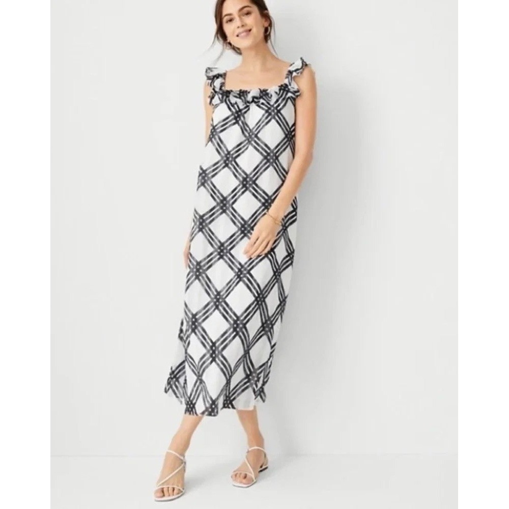 Ann Taylor Navy Blue White Plaid‎ Ruffle Neck Chiffon Midi Dress 6 561128